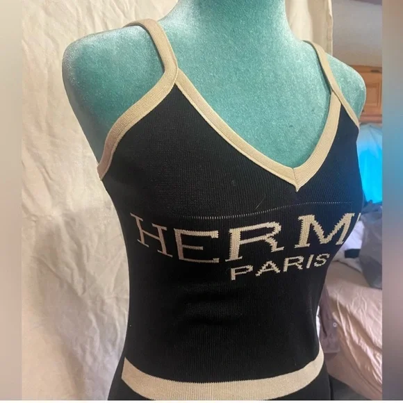 Hermes Paris Logo Black Bodycon Knit Sweater Stretch Tank Mini Dress Size Small - Picture 4 of 4